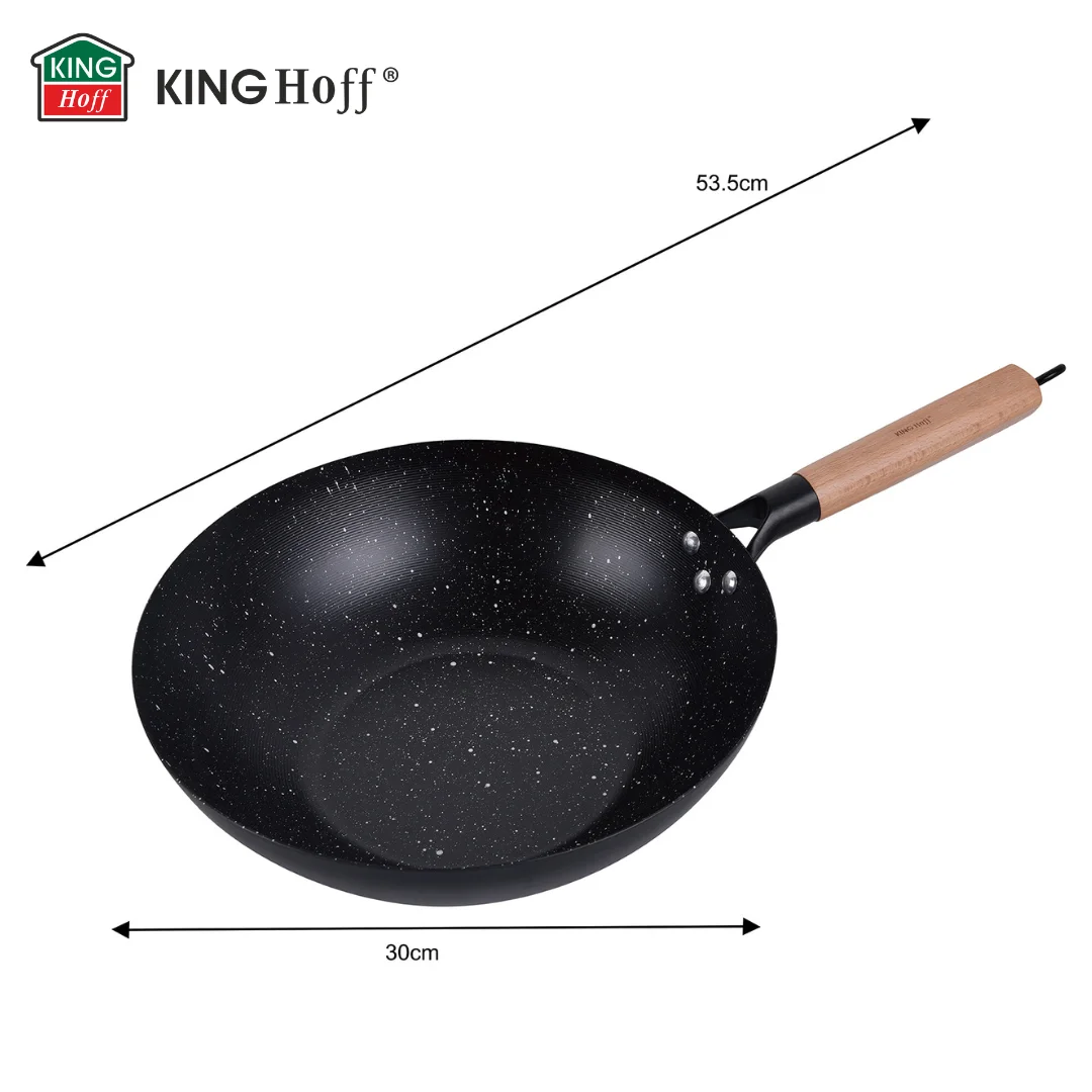 Patelnia WOK 30 cm, stal węglowa, powłoka marmurkowa nieprzywierająca, drewniany uchwyt, KINGHoff, KH-1983 — zdjęcie 5