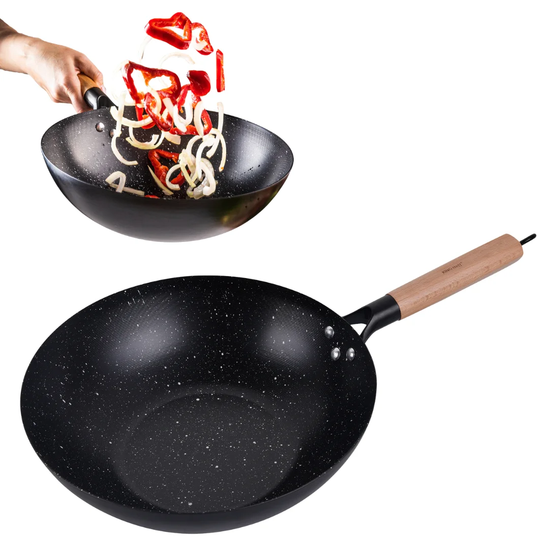 Patelnia WOK 30 cm, stal węglowa, powłoka marmurkowa nieprzywierająca, drewniany uchwyt, KINGHoff, KH-1983 — zdjęcie 7