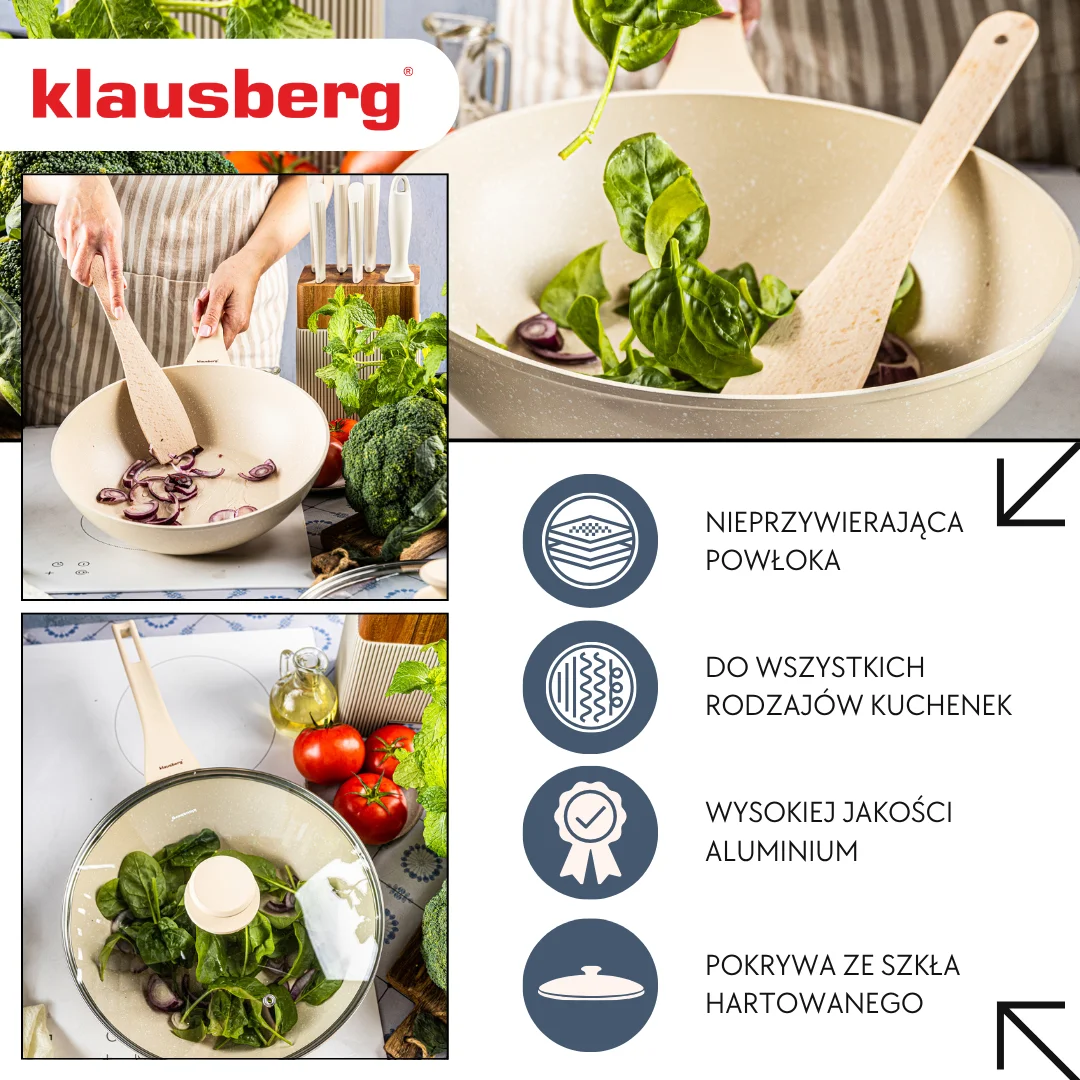 Patelnia WOK marmurowa 28 cm kremowa z pokrywką, Klausberg KB-7991 — zdjęcie 3