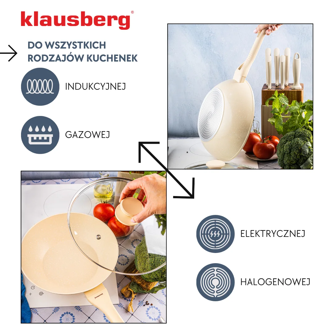 Patelnia WOK marmurowa 28 cm kremowa z pokrywką, Klausberg KB-7991 — zdjęcie 5