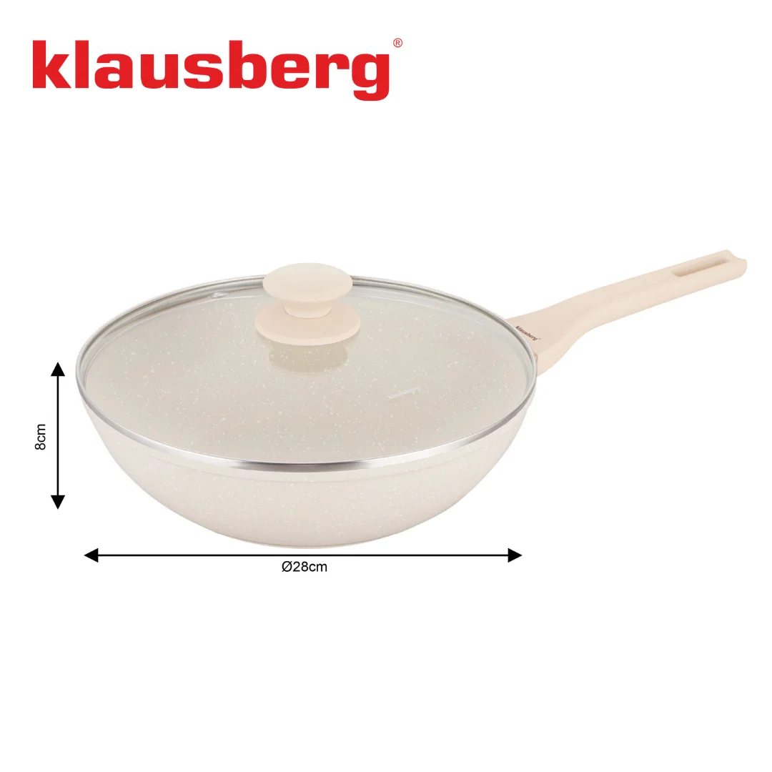 Patelnia WOK marmurowa 28 cm kremowa z pokrywką, Klausberg KB-7991 — zdjęcie 6