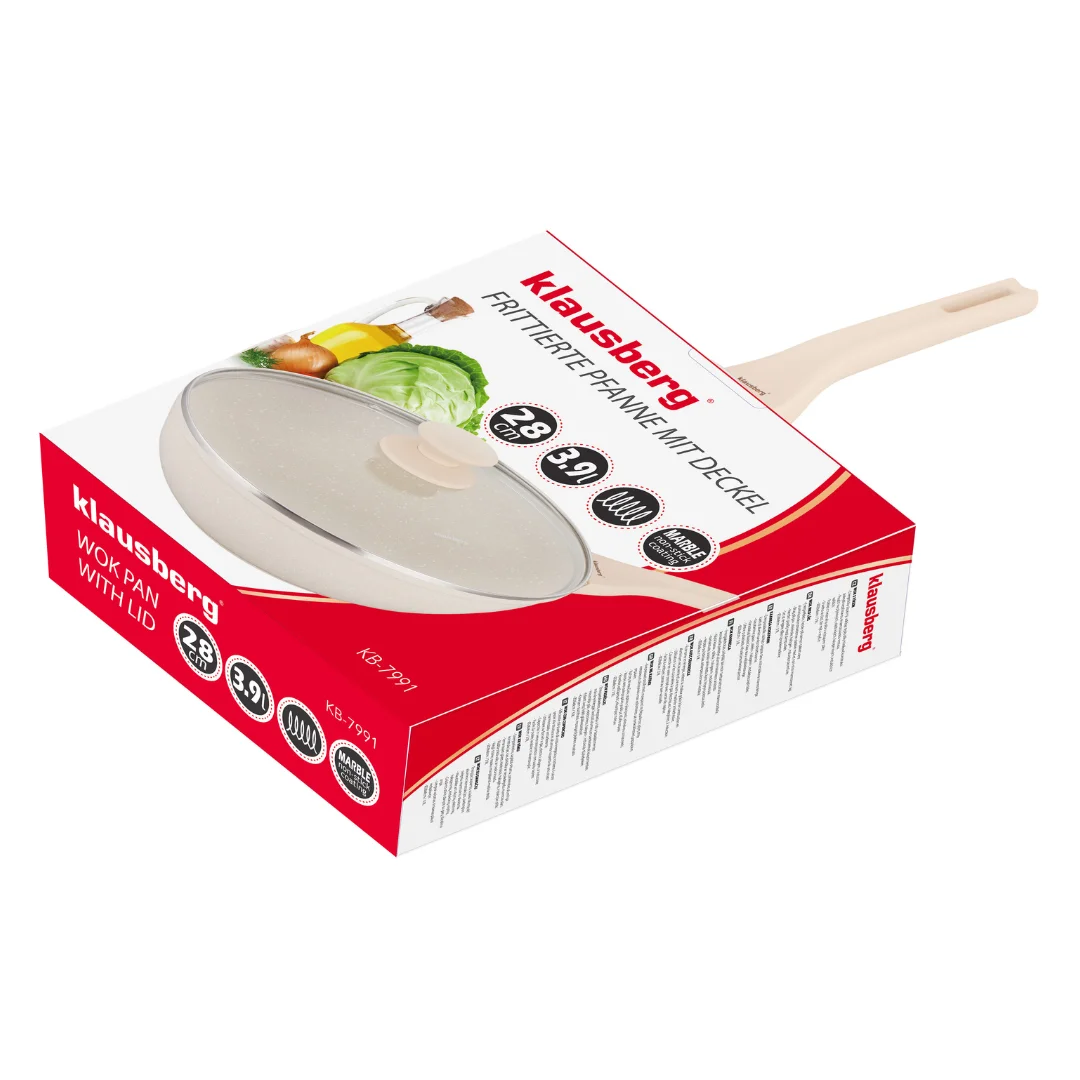 Patelnia WOK marmurowa 28 cm kremowa z pokrywką, Klausberg KB-7991 — zdjęcie 7