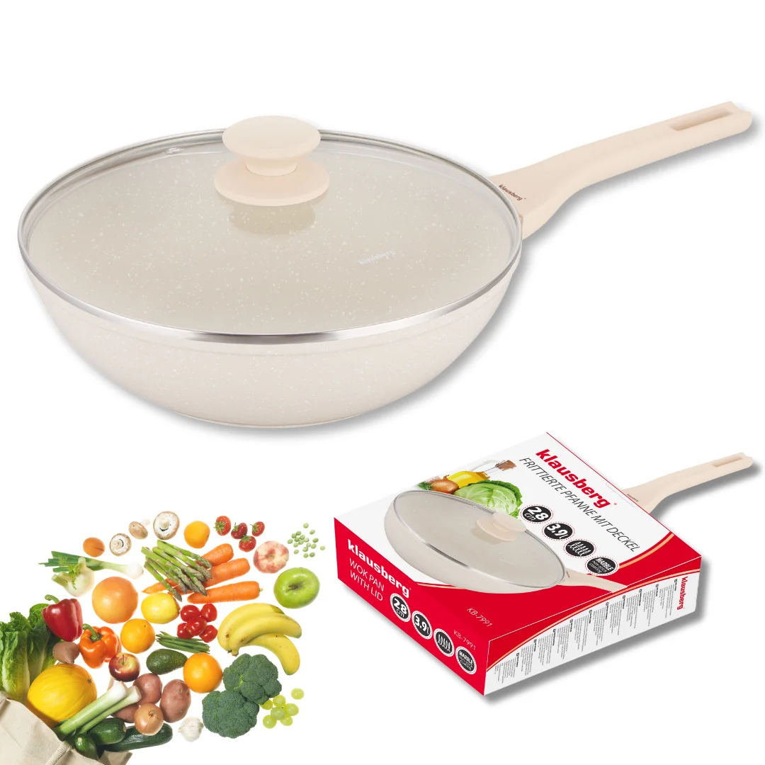 Patelnia WOK marmurowa 28 cm kremowa z pokrywką, Klausberg KB-7991 — zdjęcie 8