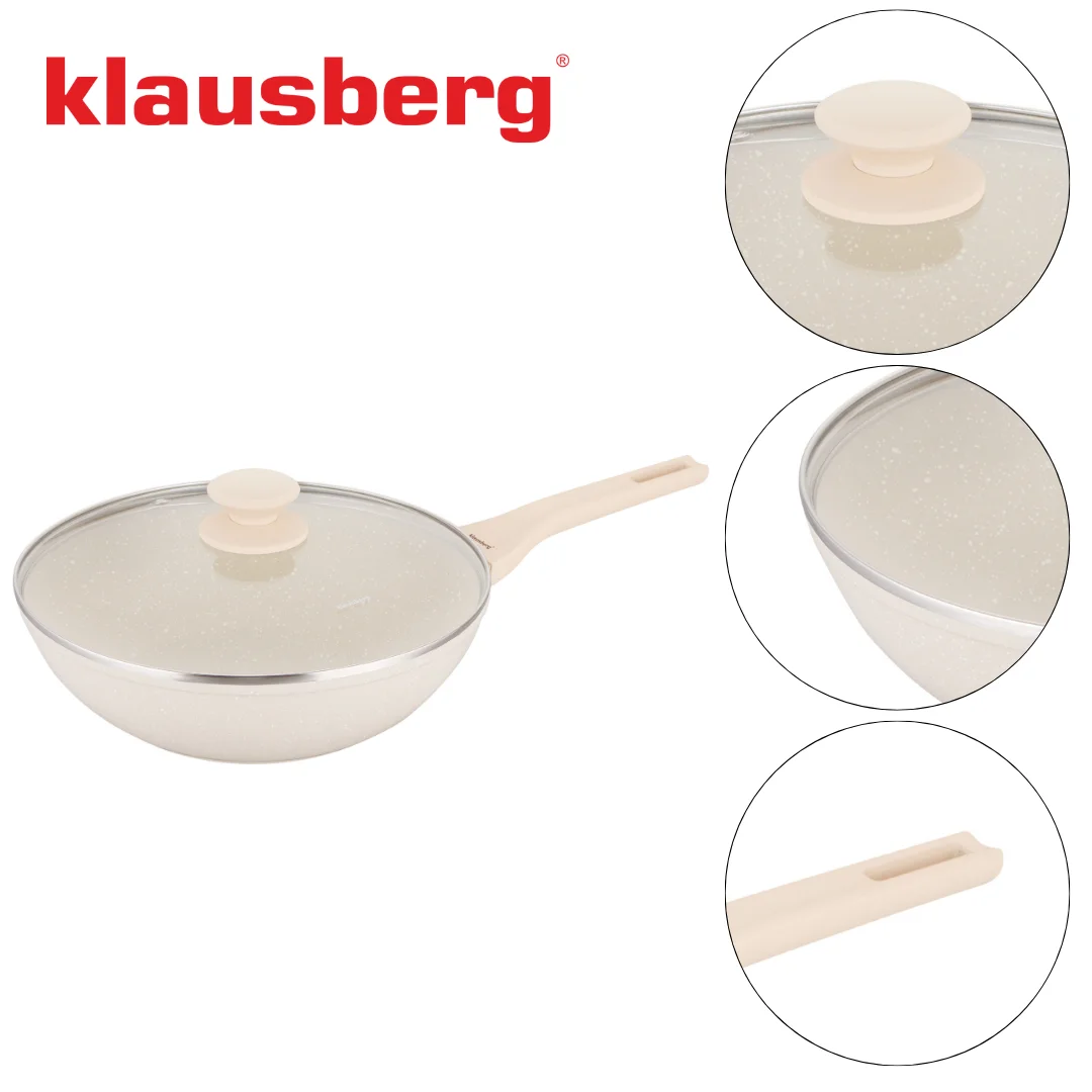 Patelnia WOK marmurowa 28 cm kremowa z pokrywką, Klausberg KB-7991 — zdjęcie 9