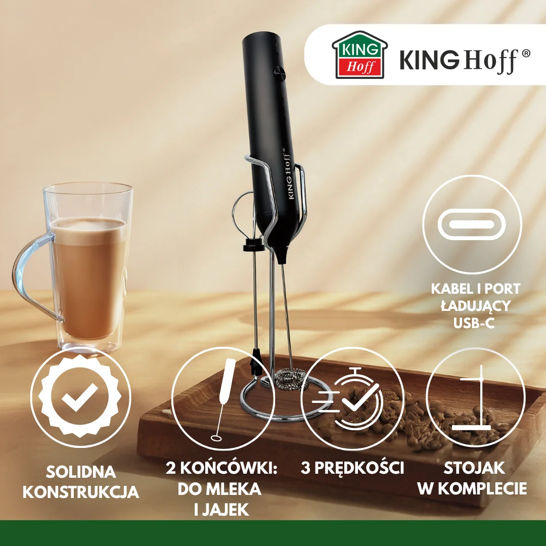 Spieniacz do mleka, USB-C, 3 prędkości, 2 końcówki, z stojak, KINGHoff — zdjęcie 4
