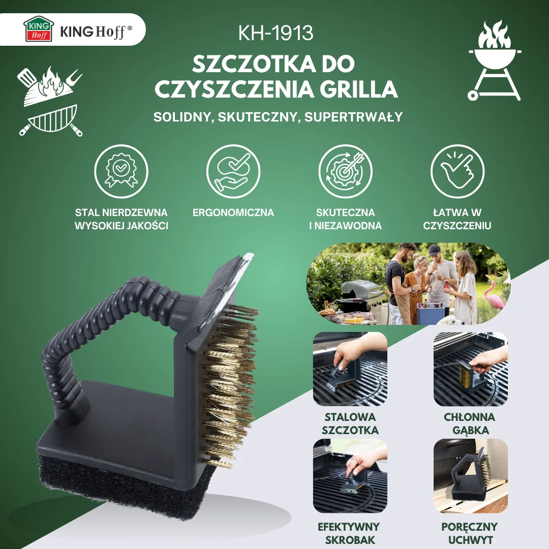 Szczotka do czyszczenia grilla, 3w1: skrobak + gąbka + szczotka, KINGHoff, KH-1913 — zdjęcie 3