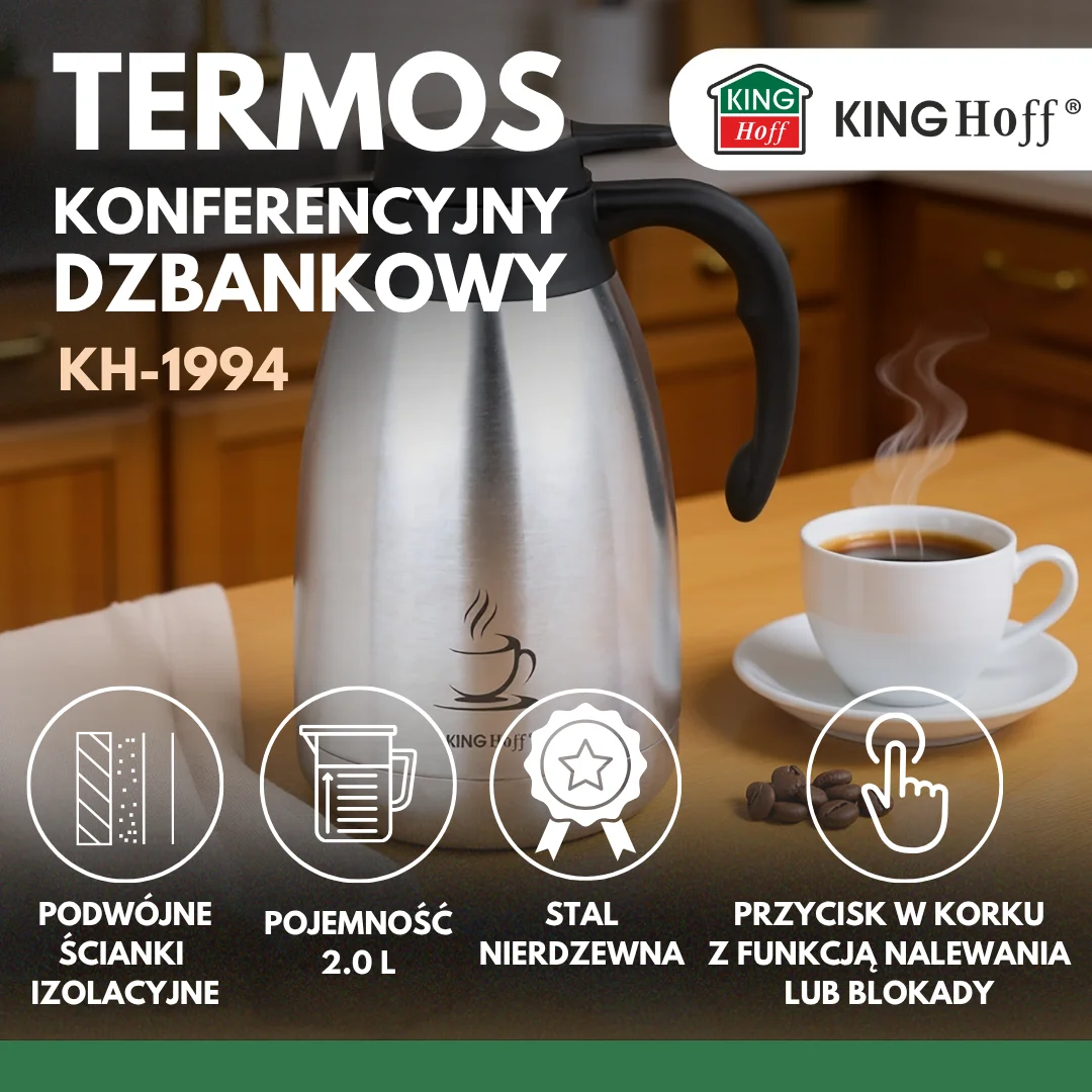 Termos konferencyjny dzbankowy, stalowy, 2 L, z podwójnymi ściankami, KINGHoff, KH-1994 — zdjęcie 7