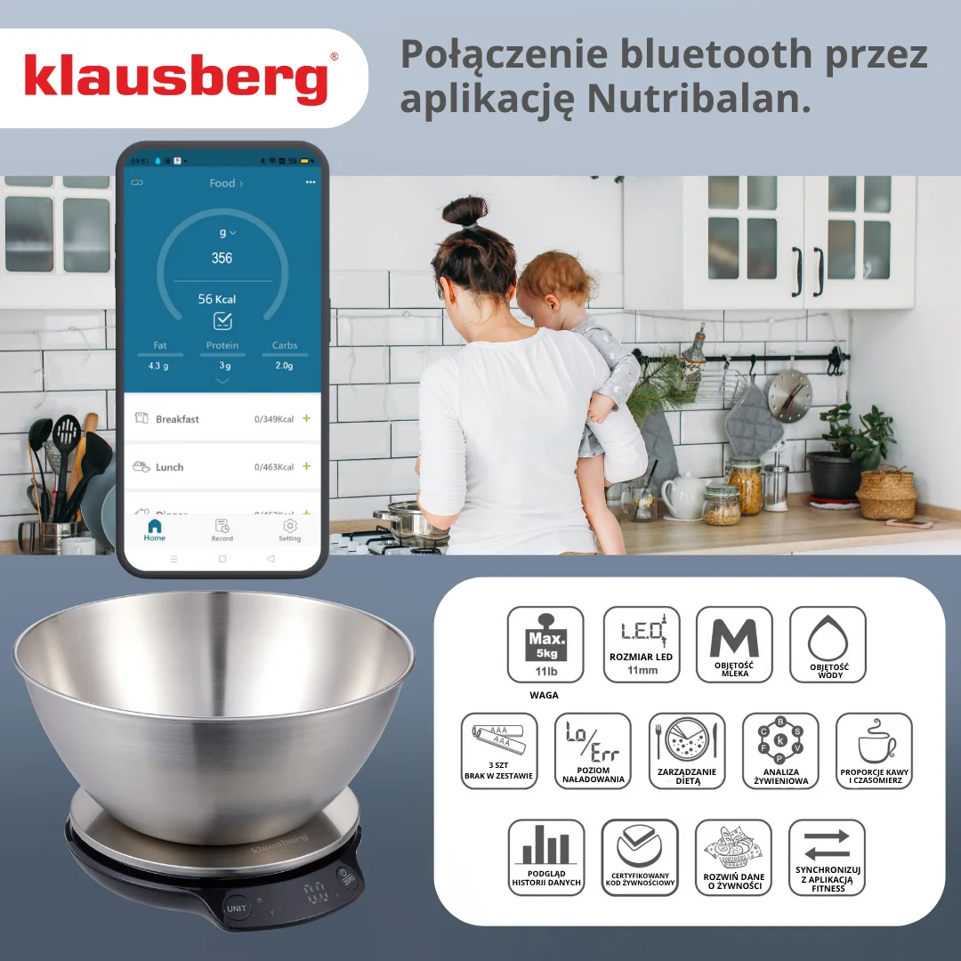 Waga kuchenna dietetyczna z miska, 1,8L, Bluetooth, aplikacją — zdjęcie 3