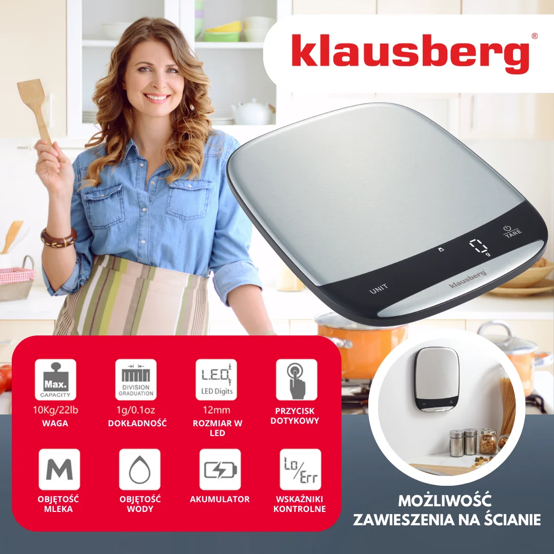 Waga kuchenna LED, 10 kg dokładność 1 g, USB-C, tarowanie, Klausberg — zdjęcie 3