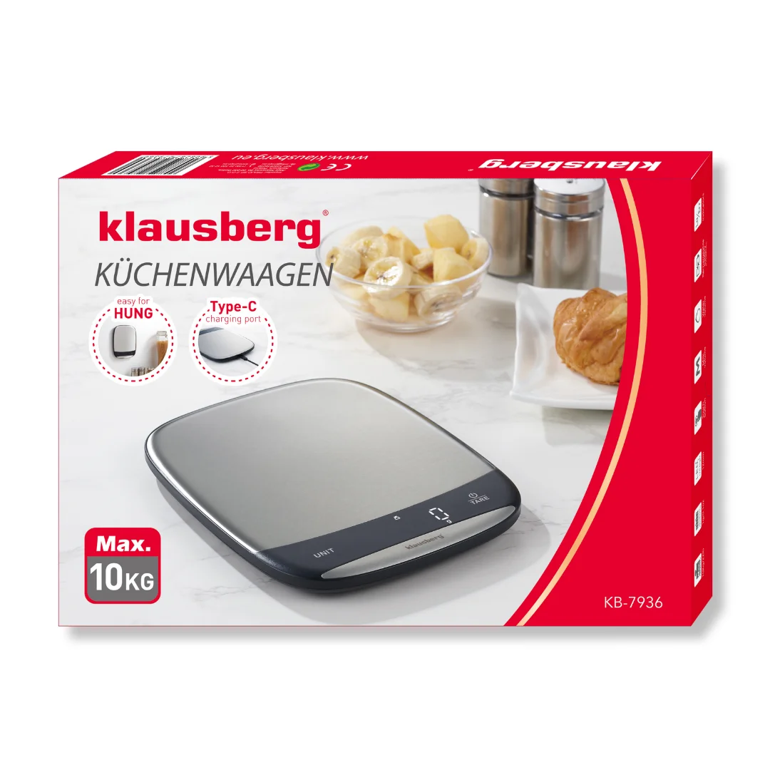 Waga kuchenna LED, 10 kg dokładność 1 g, USB-C, tarowanie, Klausberg — zdjęcie 13