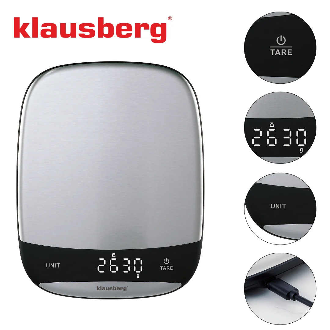 Waga kuchenna LED, 10 kg dokładność 1 g, USB-C, tarowanie, Klausberg — zdjęcie 14