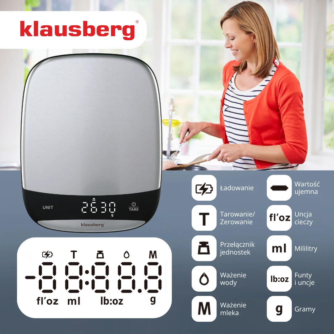 Waga kuchenna LED, 10 kg dokładność 1 g, USB-C, tarowanie, Klausberg — zdjęcie 4