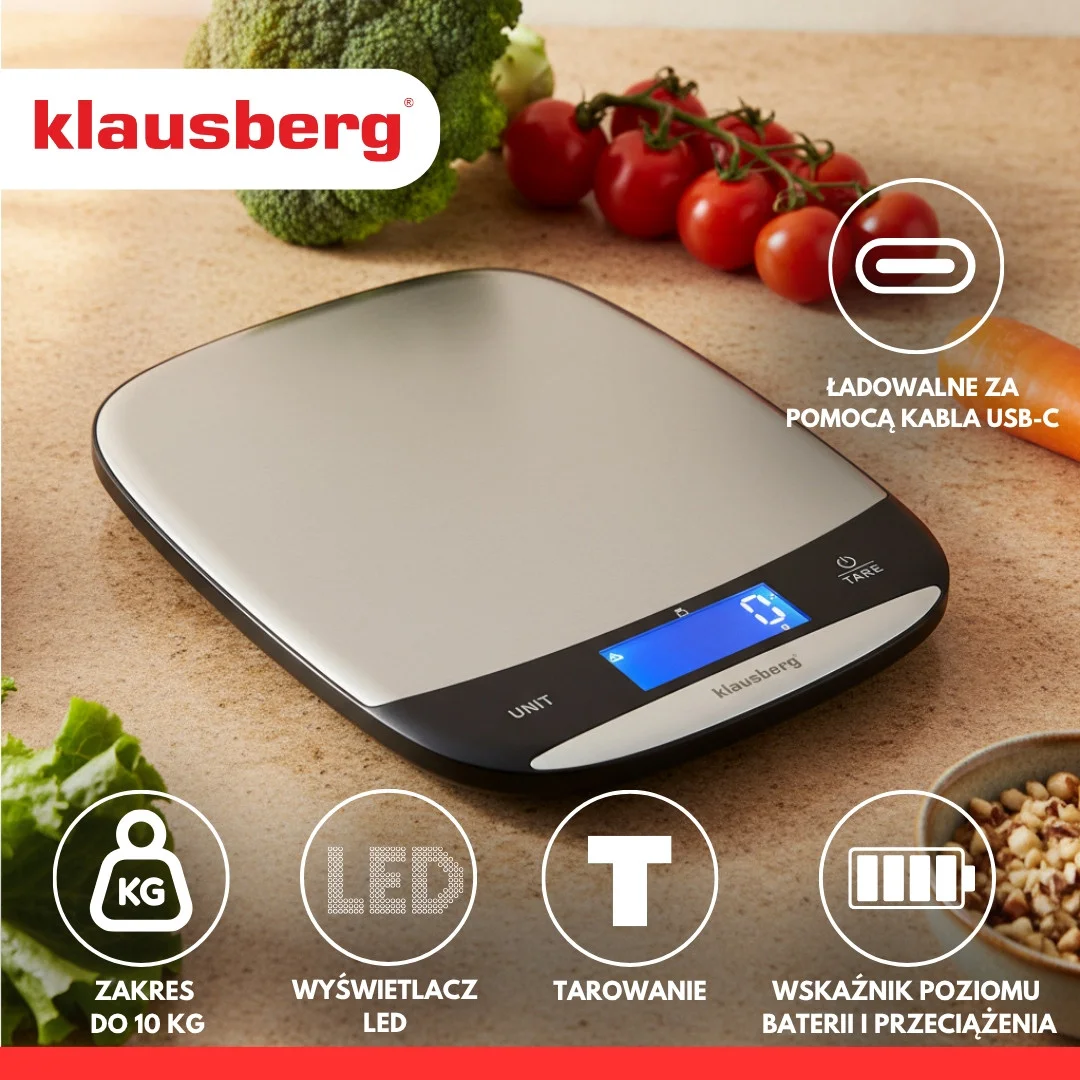 Waga kuchenna LED, 10 kg dokładność 1 g, USB-C, tarowanie, Klausberg — zdjęcie 10