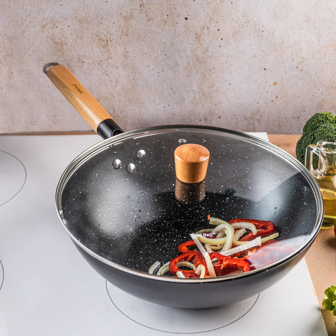 Wok z pokrywką 30 cm, stal węglowa, marmurkowa powłoka nieprzywierająca, drewniany uchwyt, KINGHoff, KH-1984 — zdjęcie 2
