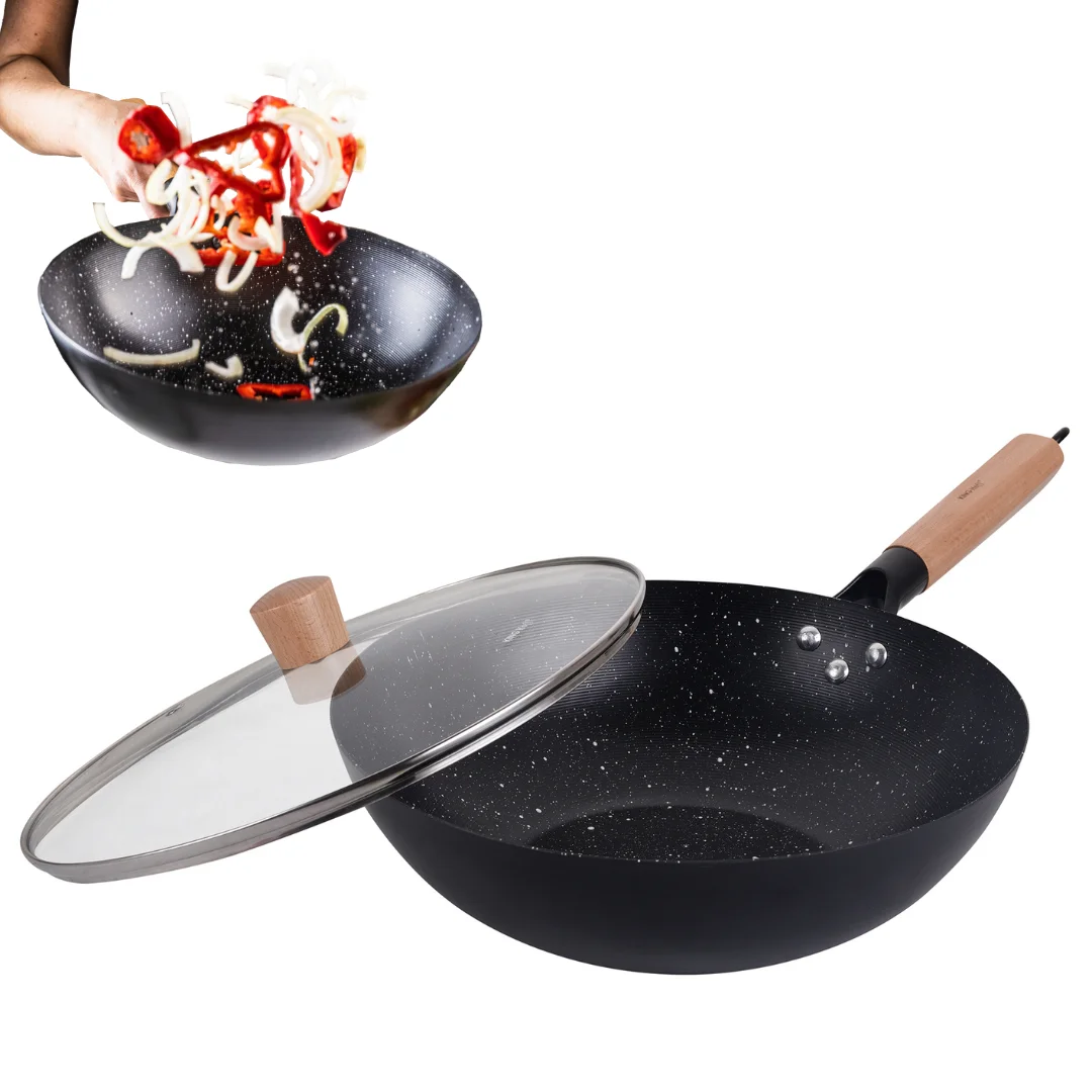 Wok z pokrywką 30 cm, stal węglowa, marmurkowa powłoka nieprzywierająca, drewniany uchwyt, KINGHoff, KH-1984 — zdjęcie 13
