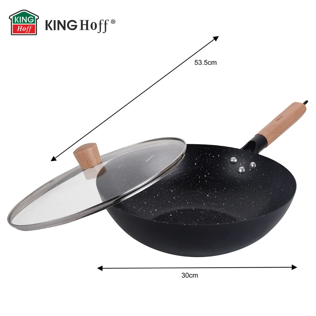 Wok z pokrywką 30 cm, stal węglowa, marmurkowa powłoka nieprzywierająca, drewniany uchwyt, KINGHoff, KH-1984 — zdjęcie 5