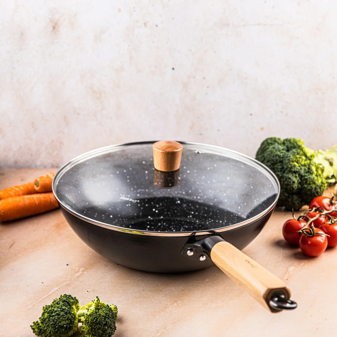 Wok z pokrywką 30 cm, stal węglowa, marmurkowa powłoka nieprzywierająca, drewniany uchwyt, KINGHoff, KH-1984 — zdjęcie 8