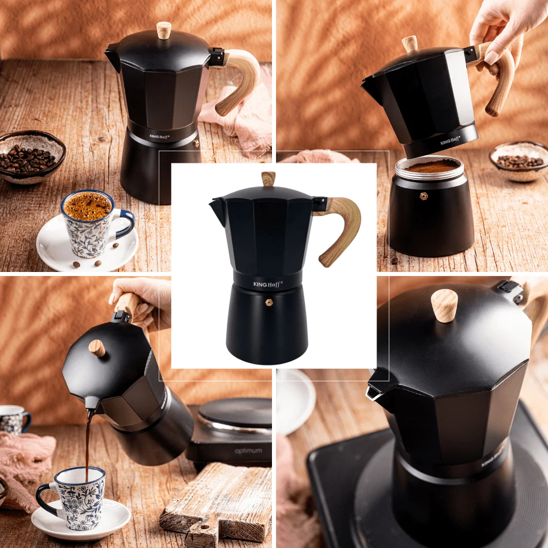 Zaparzacz do kawy espresso, aluminium, 12 filiżanek , czarny/drewnopodobny, KINGHoff, KH-1888 — zdjęcie 5