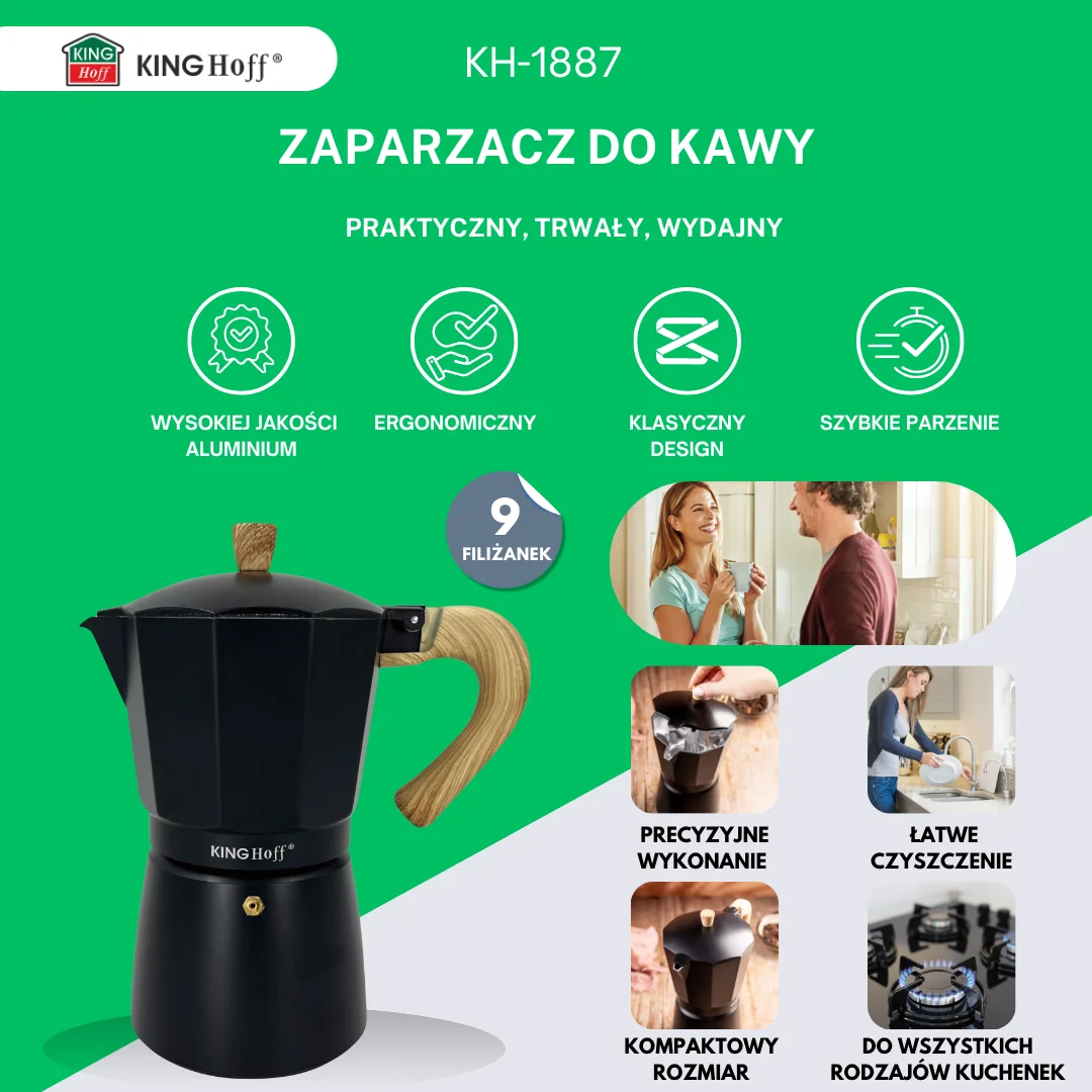 Zaparzacz do kawy espresso, aluminium, 9 filiżanek, czarny/drewnopodobny, KINGHoff, KH-1887 — zdjęcie 3