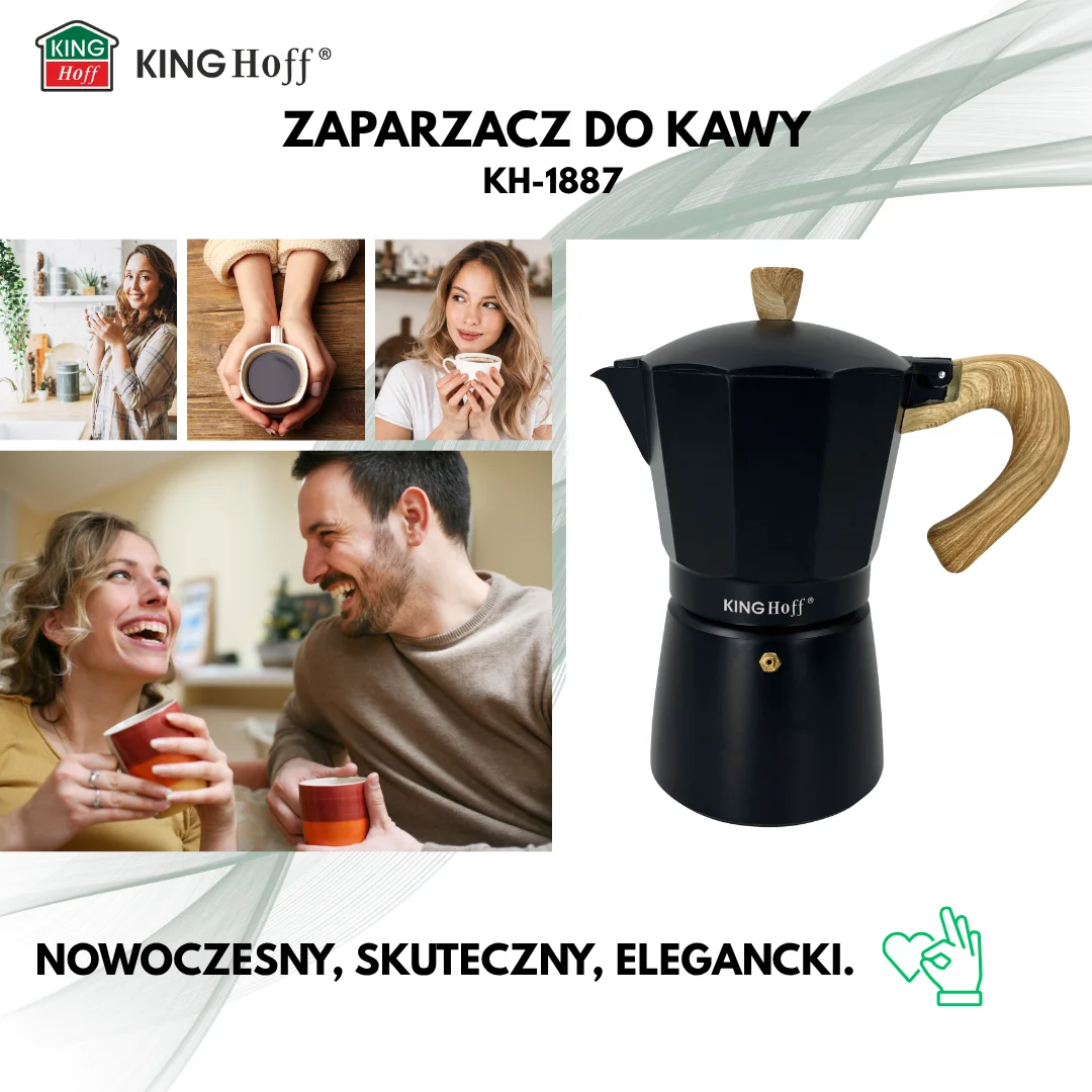 Zaparzacz do kawy espresso, aluminium, 9 filiżanek, czarny/drewnopodobny, KINGHoff, KH-1887 — zdjęcie 4