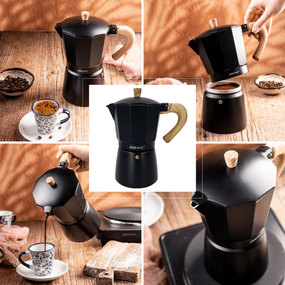 Zaparzacz do kawy espresso, aluminium, 9 filiżanek, czarny/drewnopodobny, KINGHoff, KH-1887 — zdjęcie 5