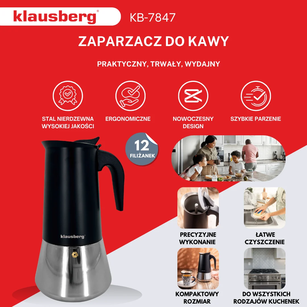 Zaparzacz do kawy espresso, stal nierdzewna, 12 filiżanek, czarny/srebrny, Klausberg, KB-7847 — zdjęcie 3
