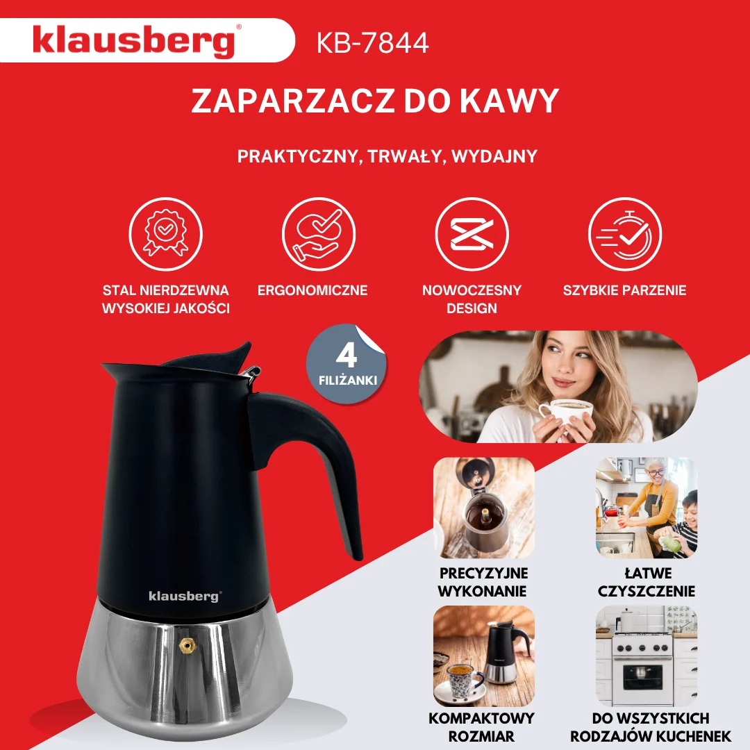 Zaparzacz do kawy espresso, stal nierdzewna, 4 filiżanki, czarny/srebrny, Klausberg, KB-7844 — zdjęcie 4
