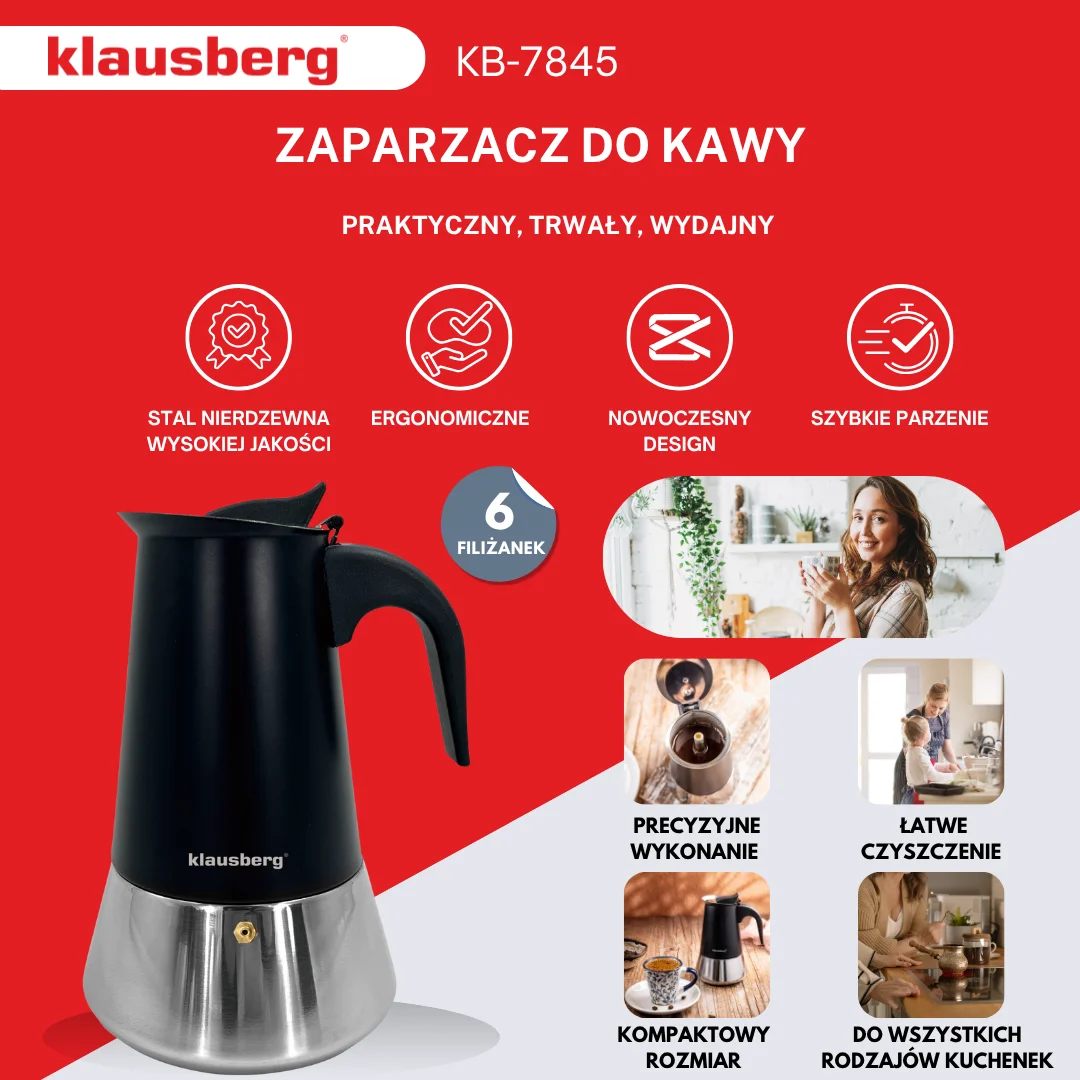 Zaparzacz do kawy espresso, stal nierdzewna, 6 filiżanek, czarny/srebrny, Klausberg, KB-7845 — zdjęcie 3