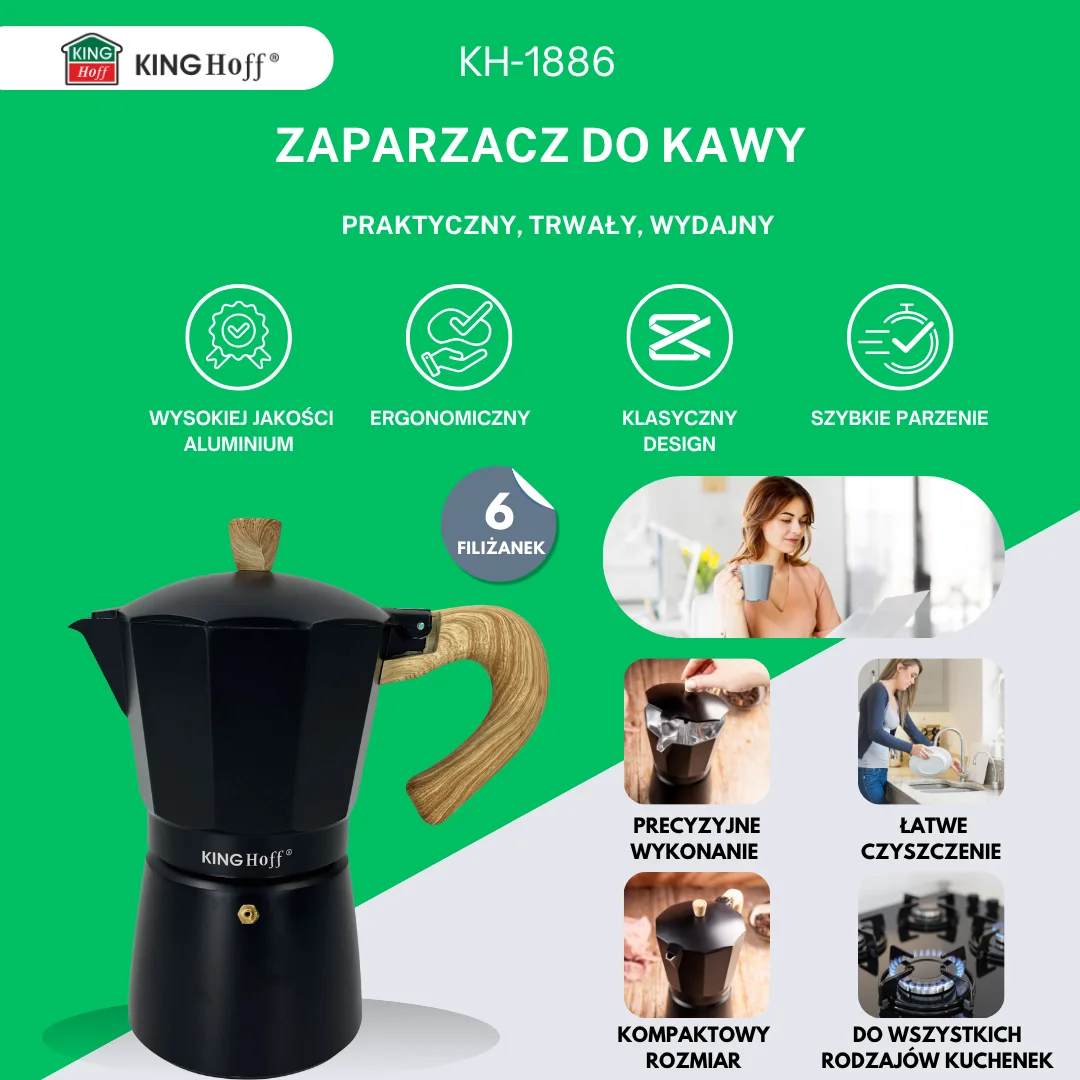 Zaparzacz do kawy espresso z aluminium, 6 filiżanek, czarny/drewnopodobny, KINGHoff, KH-1886 — zdjęcie 3