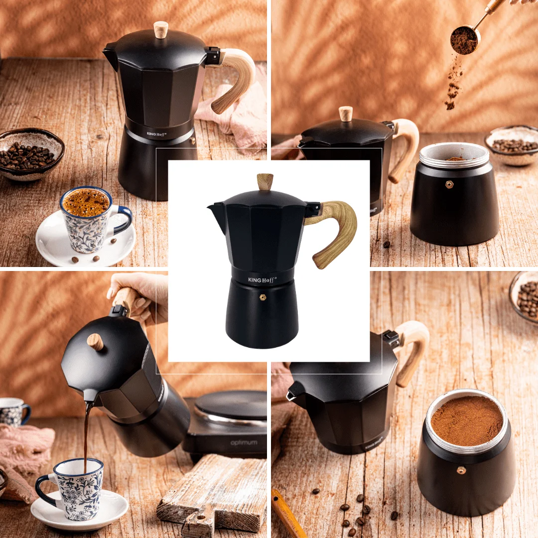 Zaparzacz do kawy espresso z aluminium, 6 filiżanek, czarny/drewnopodobny, KINGHoff, KH-1886 — zdjęcie 5