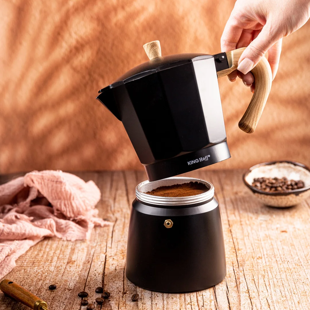 Zaparzacz do kawy espresso z aluminium, 6 filiżanek, czarny/drewnopodobny, KINGHoff, KH-1886 — zdjęcie 11