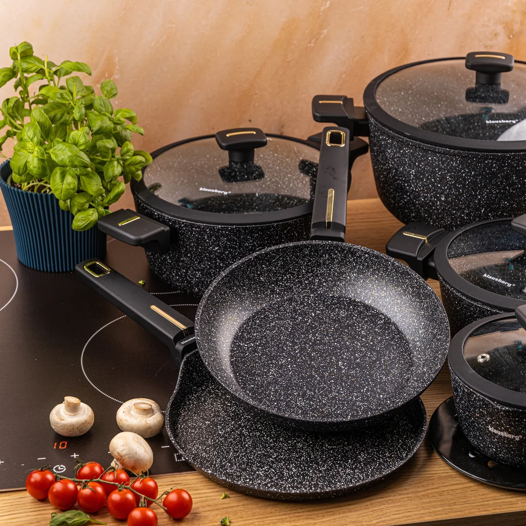 Zestaw garnków 12-elementowy z patelnią wok, aluminium odlewane, marmurowa powłoka nieprzywierająca, czarny, Klausberg, KB-7968 — zdjęcie 16