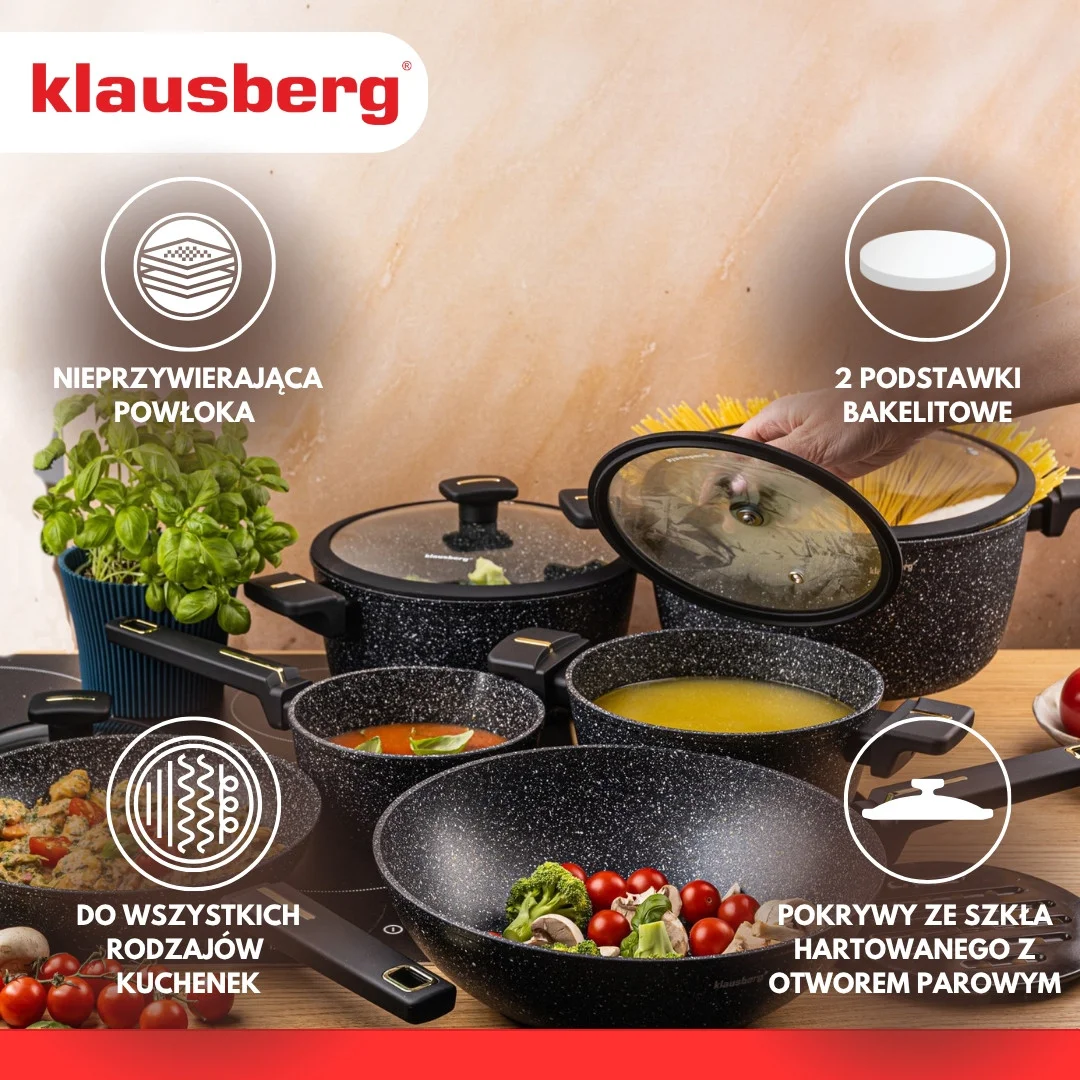 Zestaw garnków 12-elementowy z patelnią wok, aluminium odlewane, marmurowa powłoka nieprzywierająca, czarny, Klausberg, KB-7968 — zdjęcie 4