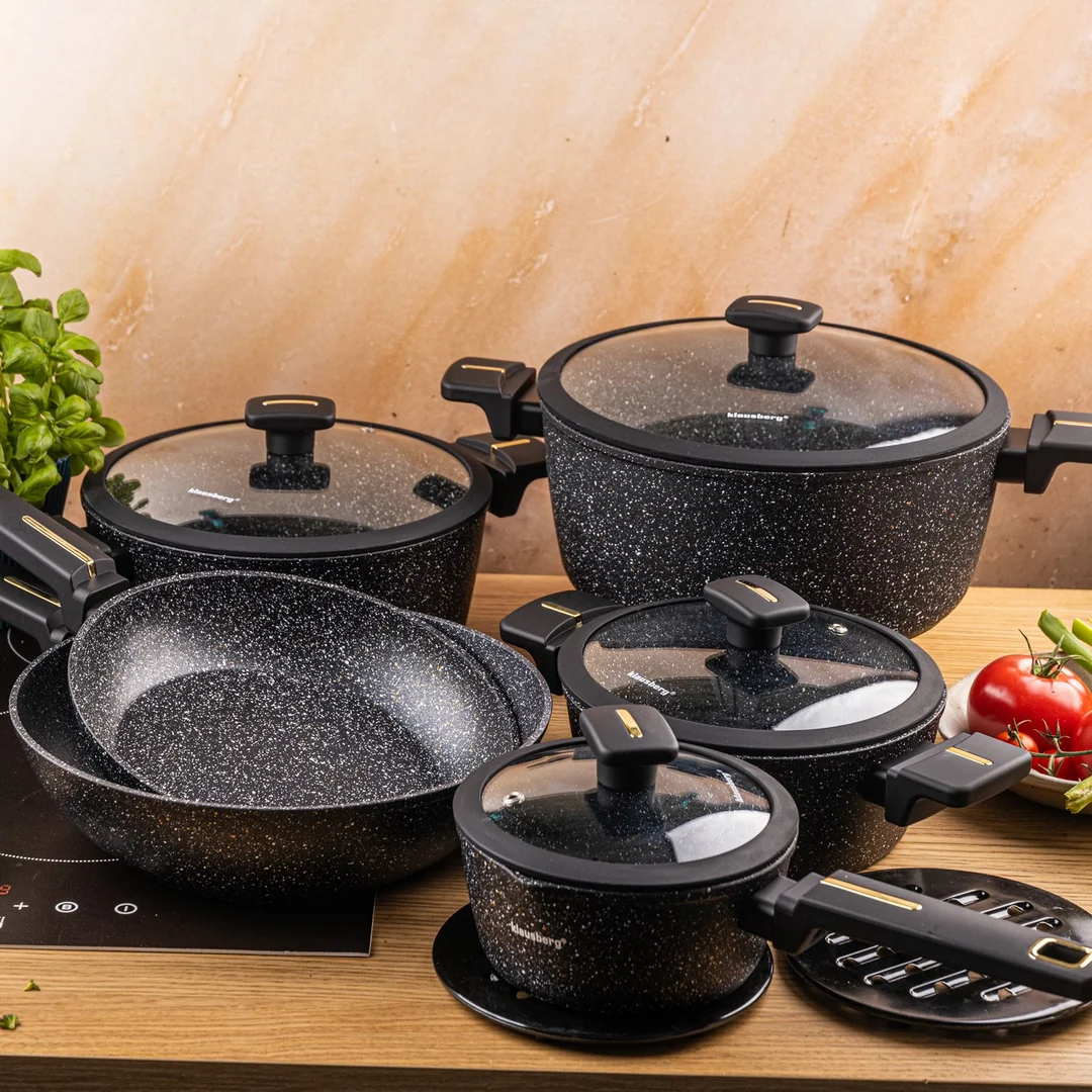 Zestaw garnków 12-elementowy z patelnią wok, aluminium odlewane, marmurowa powłoka nieprzywierająca, czarny, Klausberg, KB-7968 — zdjęcie 6