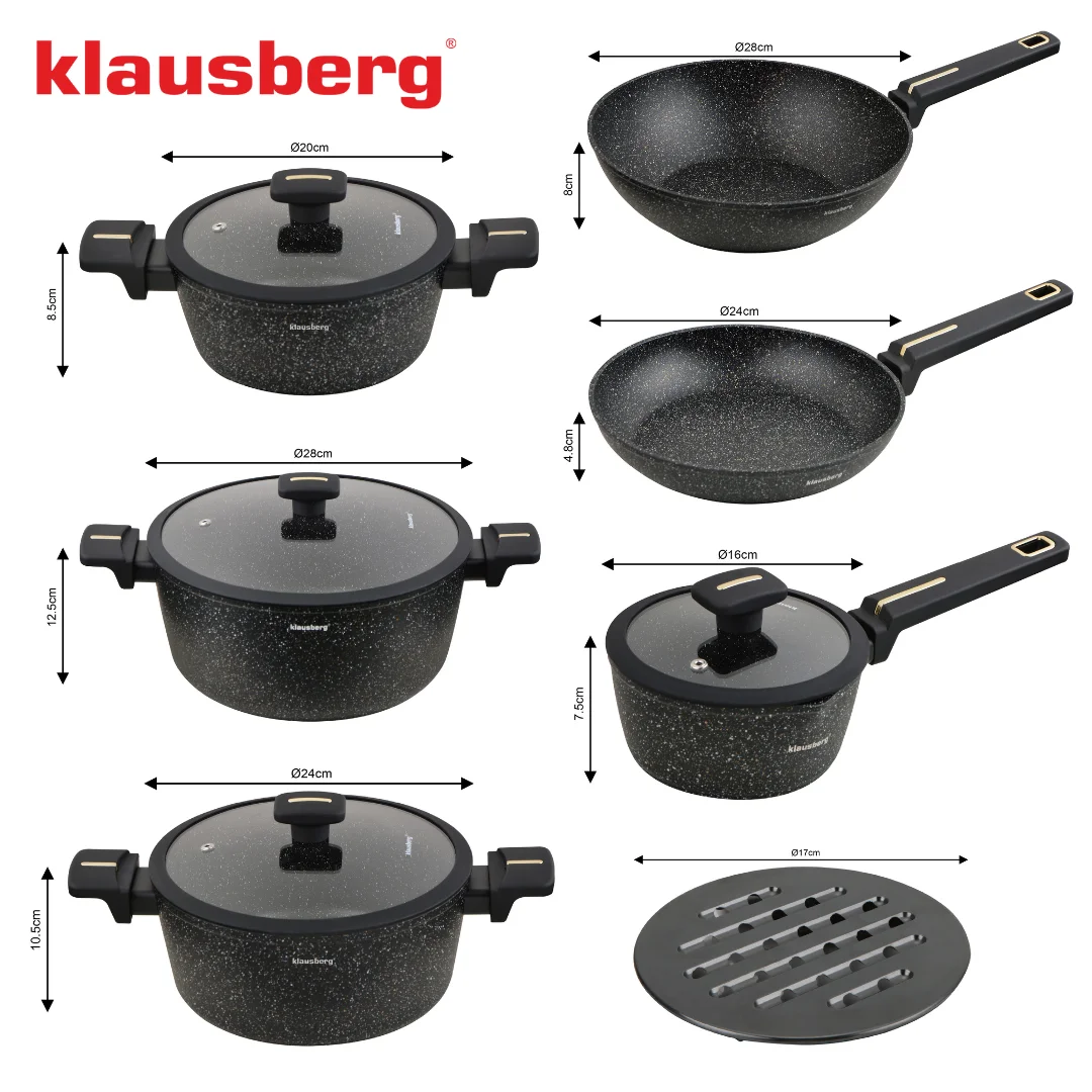 Zestaw garnków 12-elementowy z patelnią wok, aluminium odlewane, marmurowa powłoka nieprzywierająca, czarny, Klausberg, KB-7968 — zdjęcie 7