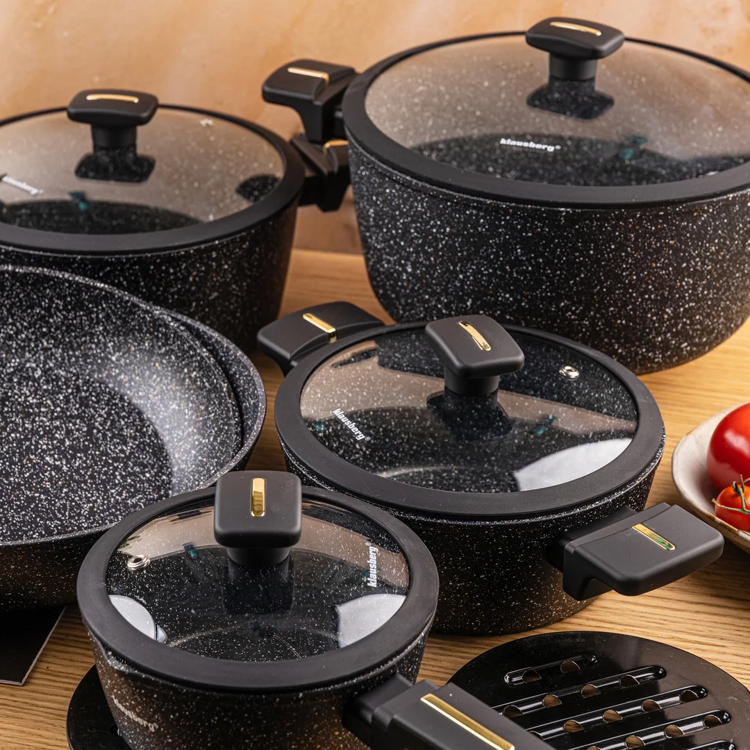 Zestaw garnków 12-elementowy z patelnią wok, aluminium odlewane, marmurowa powłoka nieprzywierająca, czarny, Klausberg, KB-7968 — zdjęcie 10