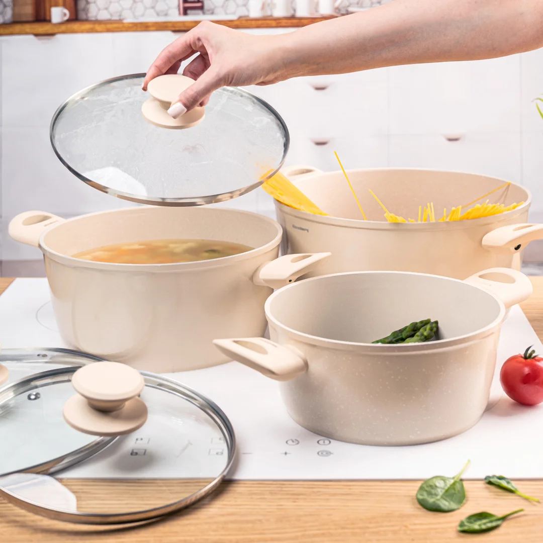 Zestaw garnków 6 elementów, aluminium odlewane, marmurkowa powłoka non-stick, indukcja, beżowy, Klausberg, KB-7961 — zdjęcie 2