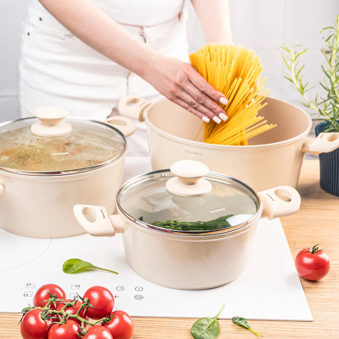 Zestaw garnków 6 elementów, aluminium odlewane, marmurkowa powłoka non-stick, indukcja, beżowy, Klausberg, KB-7961 — zdjęcie 3