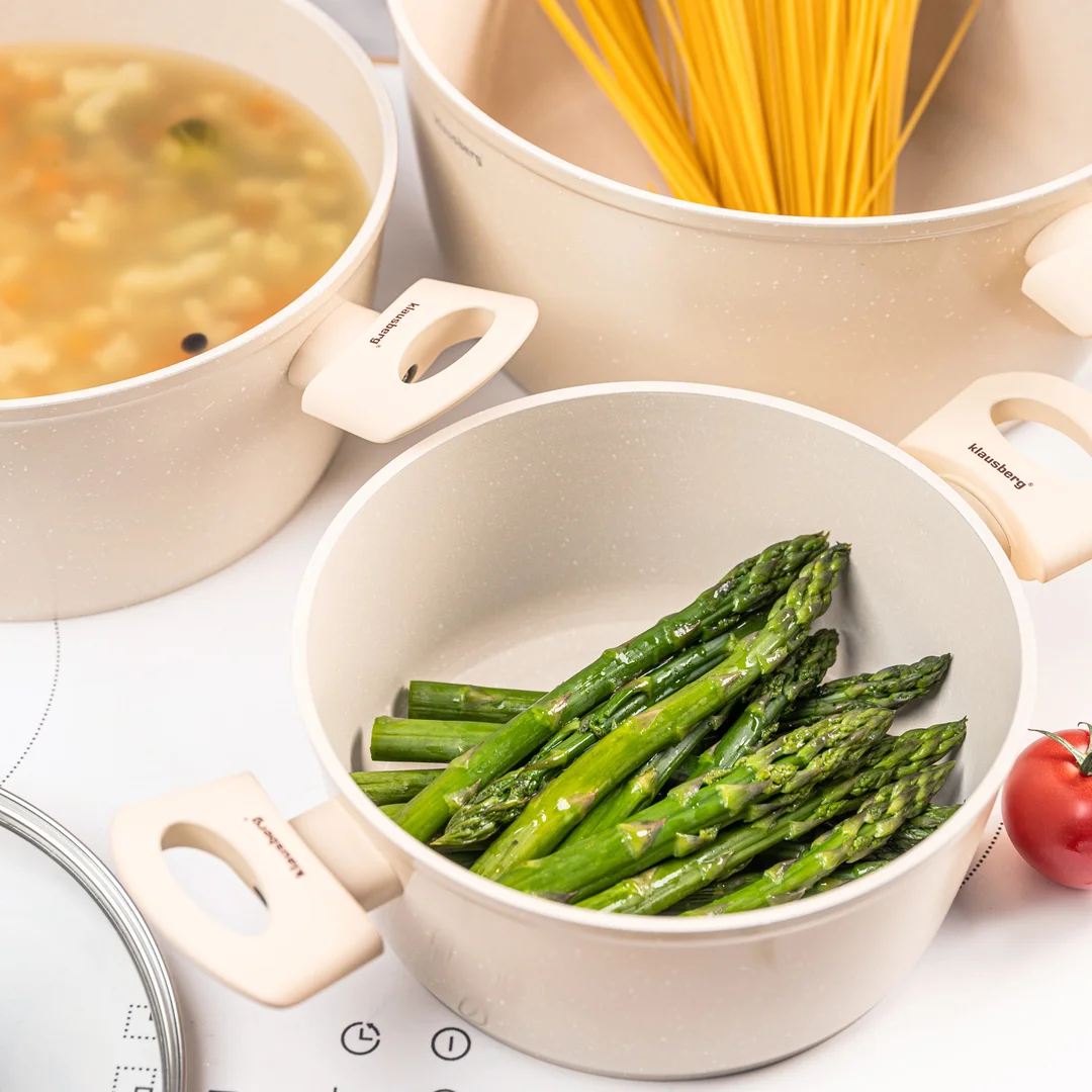 Zestaw garnków 6 elementów, aluminium odlewane, marmurkowa powłoka non-stick, indukcja, beżowy, Klausberg, KB-7961 — zdjęcie 12
