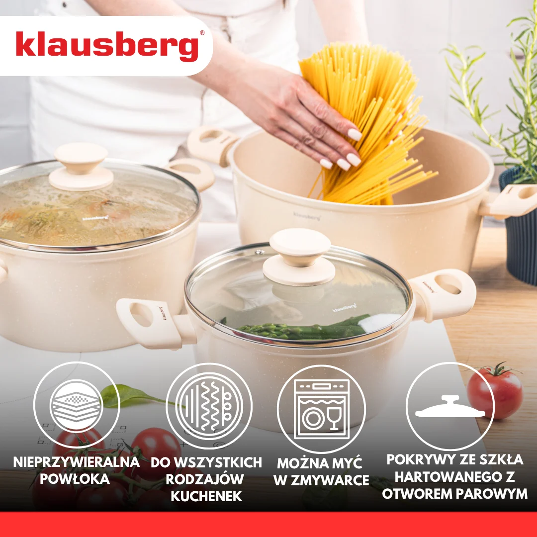 Zestaw garnków 6 elementów, aluminium odlewane, marmurkowa powłoka non-stick, indukcja, beżowy, Klausberg, KB-7961 — zdjęcie 5