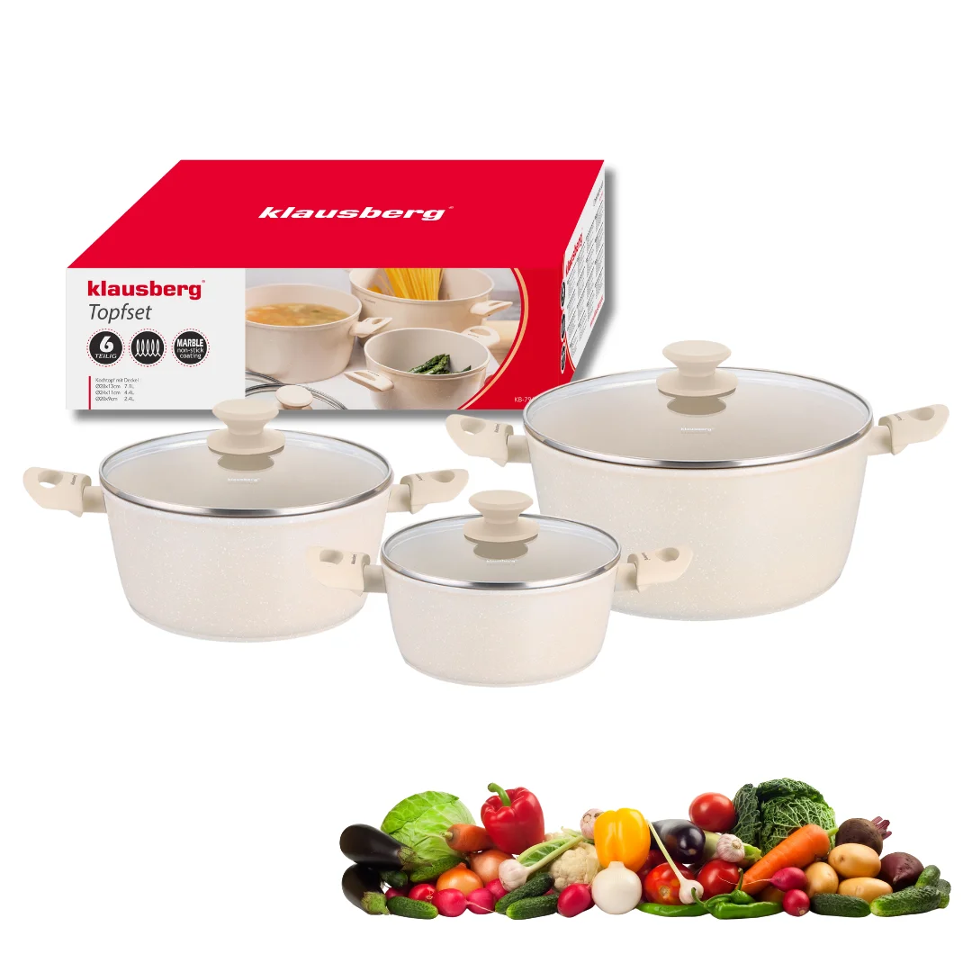Zestaw garnków 6 elementów, aluminium odlewane, marmurkowa powłoka non-stick, indukcja, beżowy, Klausberg, KB-7961 — zdjęcie 7