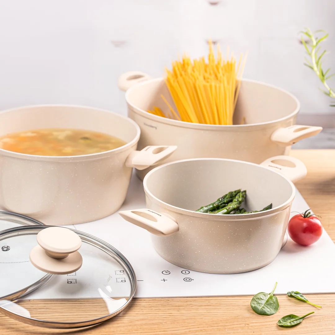 Zestaw garnków 6 elementów, aluminium odlewane, marmurkowa powłoka non-stick, indukcja, beżowy, Klausberg, KB-7961 — zdjęcie 10