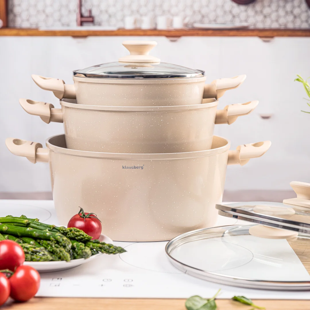 Zestaw garnków 6 elementów, aluminium odlewane, marmurkowa powłoka non-stick, indukcja, beżowy, Klausberg, KB-7961 — zdjęcie 11