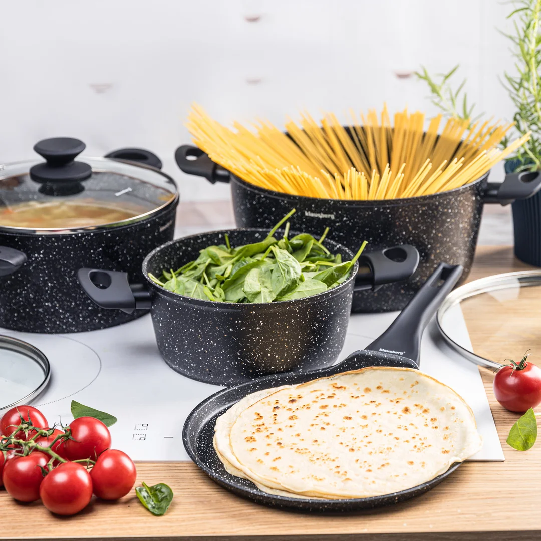Zestaw garnków 7 elementów z patelnią naleśnikową, aluminium odlewane, marmurkowa powłoka non-stick, czarny, Klausberg, KB-7962 — zdjęcie 2