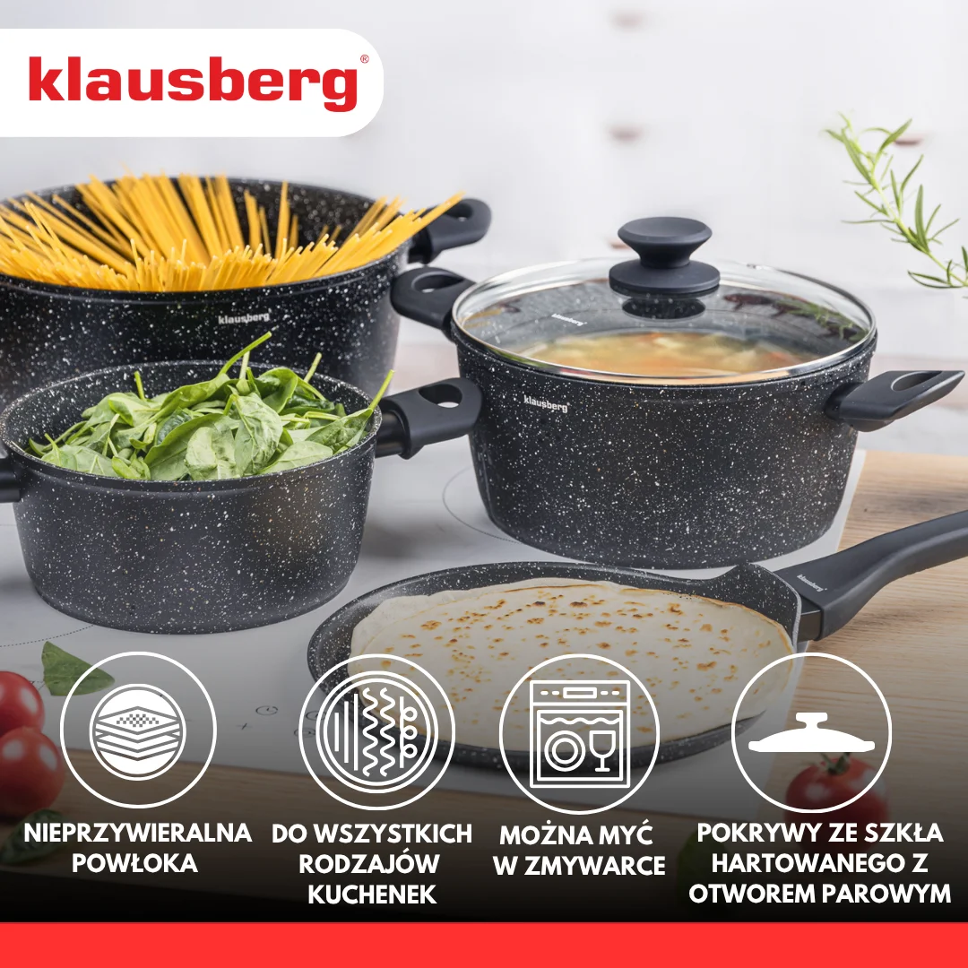 Zestaw garnków 7 elementów z patelnią naleśnikową, aluminium odlewane, marmurkowa powłoka non-stick, czarny, Klausberg, KB-7962 — zdjęcie 3