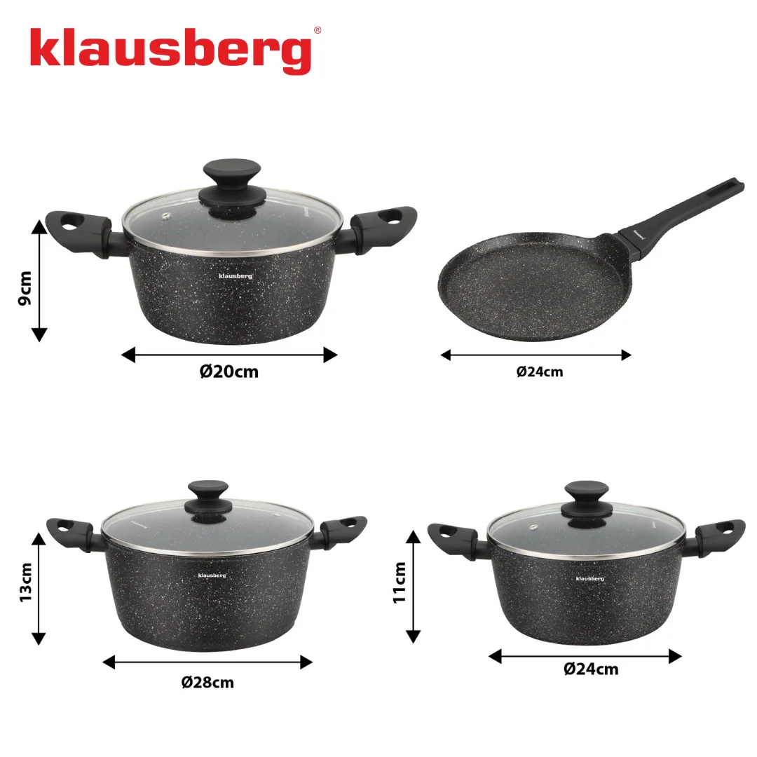 Zestaw garnków 7 elementów z patelnią naleśnikową, aluminium odlewane, marmurkowa powłoka non-stick, czarny, Klausberg, KB-7962 — zdjęcie 4
