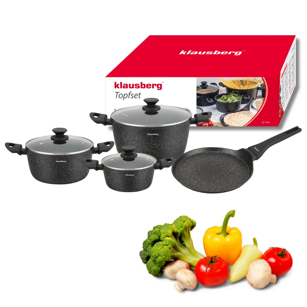 Zestaw garnków 7 elementów z patelnią naleśnikową, aluminium odlewane, marmurkowa powłoka non-stick, czarny, Klausberg, KB-7962 — zdjęcie 5