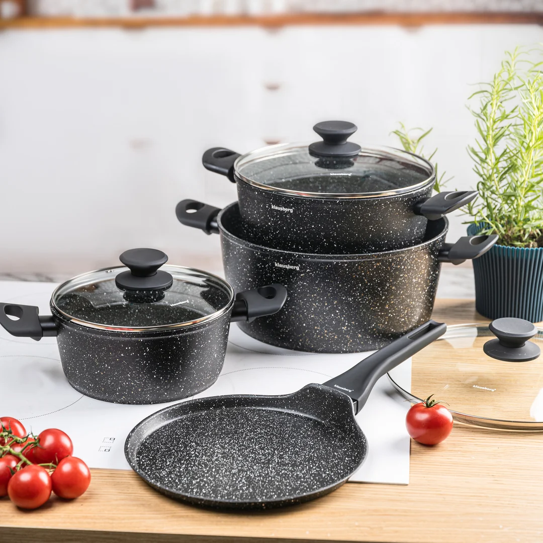 Zestaw garnków 7 elementów z patelnią naleśnikową, aluminium odlewane, marmurkowa powłoka non-stick, czarny, Klausberg, KB-7962 — zdjęcie 6
