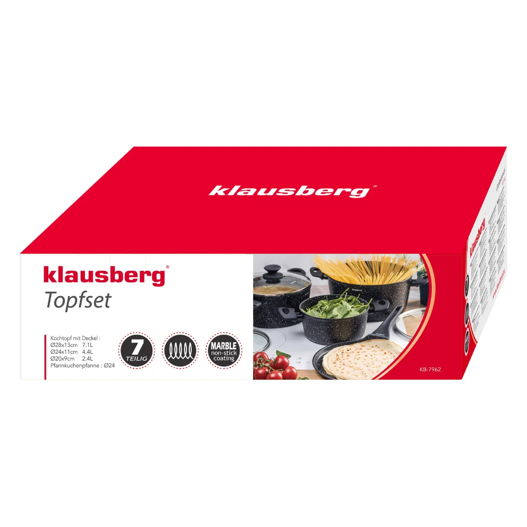 Zestaw garnków 7 elementów z patelnią naleśnikową, aluminium odlewane, marmurkowa powłoka non-stick, czarny, Klausberg, KB-7962 — zdjęcie 7