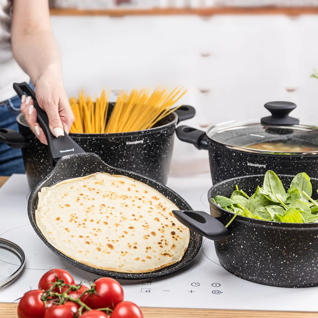Zestaw garnków 7 elementów z patelnią naleśnikową, aluminium odlewane, marmurkowa powłoka non-stick, czarny, Klausberg, KB-7962 — zdjęcie 8